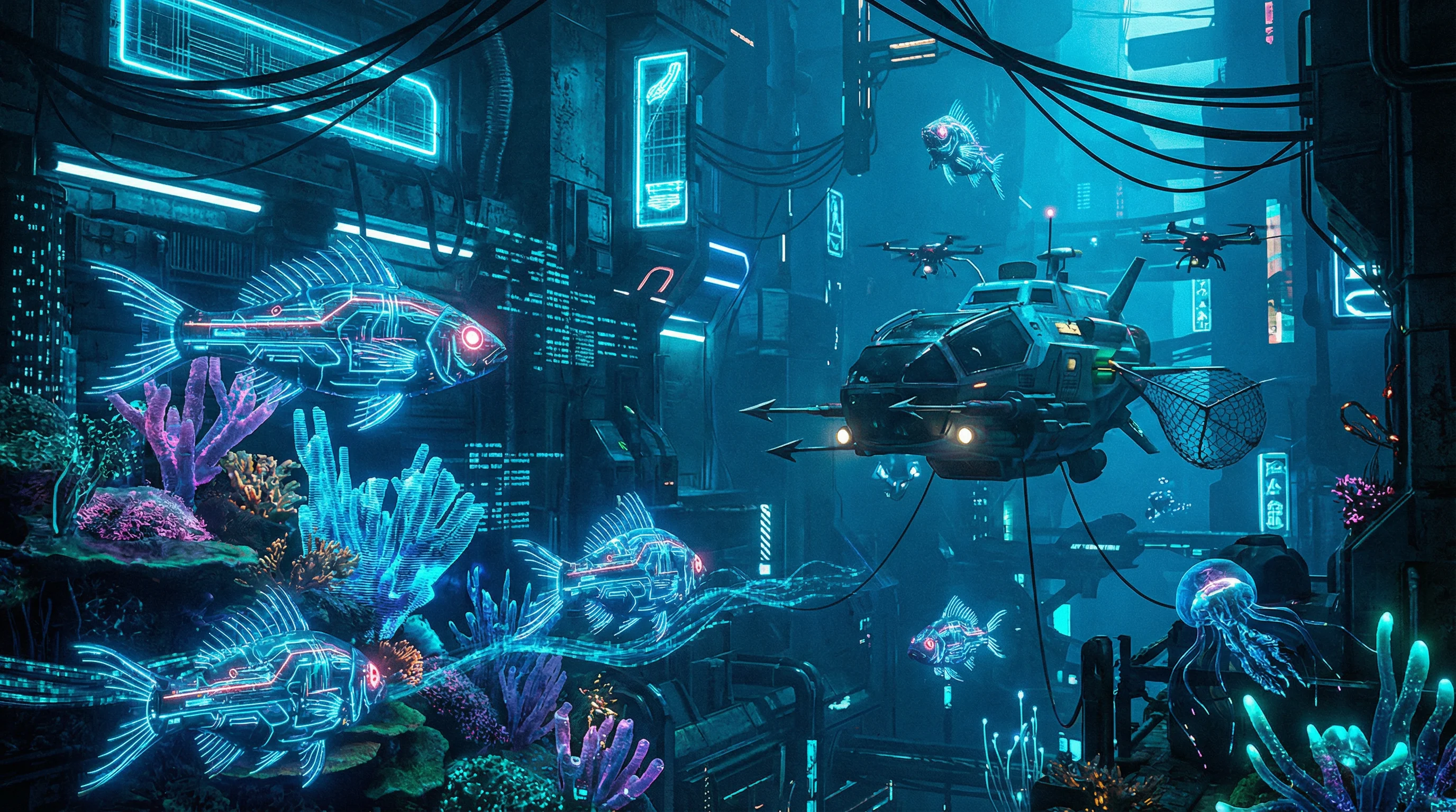 全息海洋中的机械鱼群和未来都市夜景